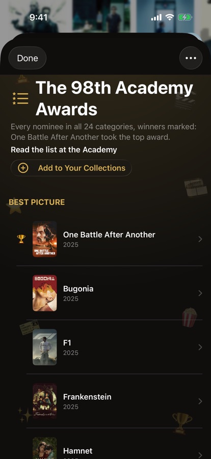 The 98th Academy Awards as a collection in black and gold, with the Best Picture nominees listed and the winner marked with a trophy