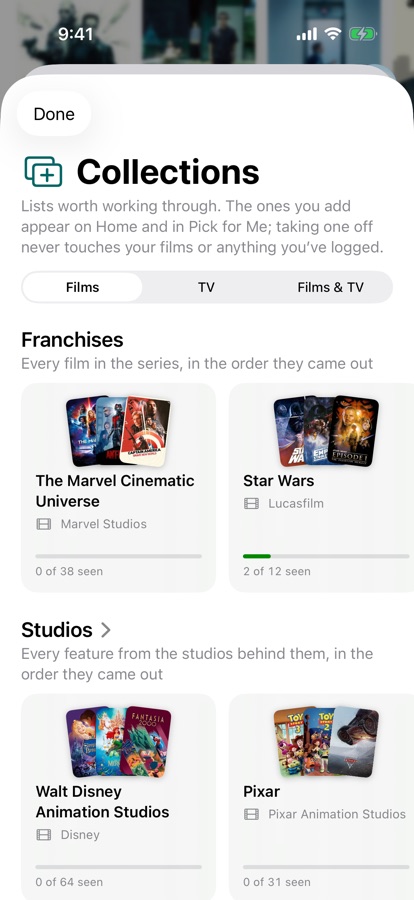 The Collections store with a Franchises shelf of cards, each with three posters fanned across it and how far through it you are