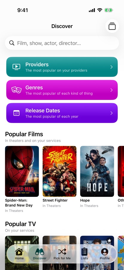 Discover with Providers, Genres and Release Dates at the top, and Popular Films beneath them