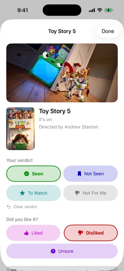 A film's page showing its verdict buttons, rating buttons and details