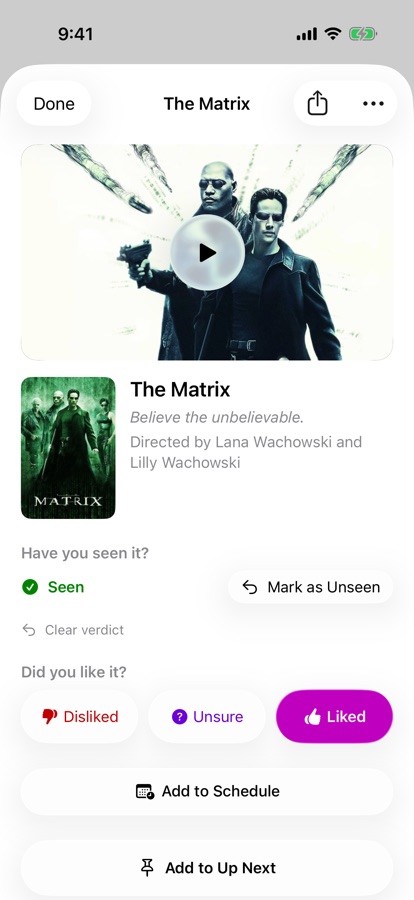 A film's page with a play button over its still, its Seen and rating answers, and Add to Schedule beneath them
