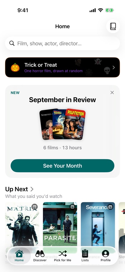 Home with the search field at the top, Up Next showing two films and an episode scheduled for today, and Start Watching beneath it
