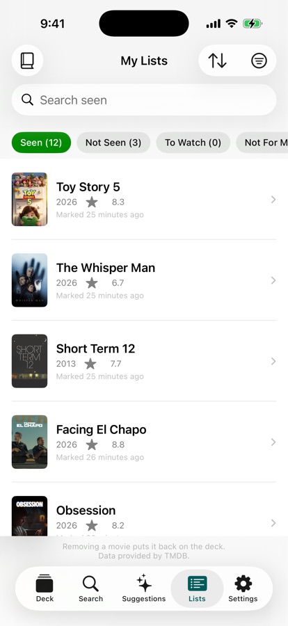 My Lists showing the Seen list with film posters, years and ratings