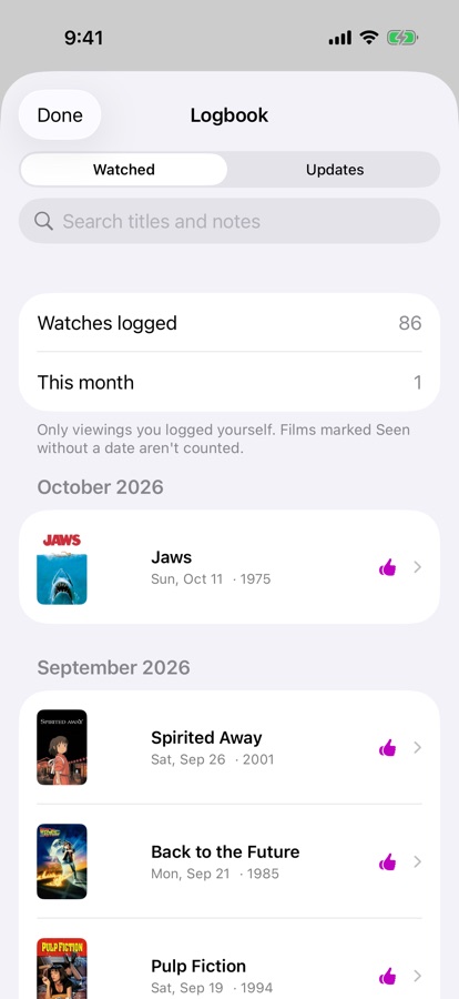 The Logbook listing films and episodes under the days they were watched
