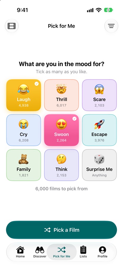 Pick for Me asking what you are in the mood for, with colorful tiles for Laugh, Thrill, Scare, Cry, Swoon, Escape, Family, Think and Surprise Me, Laugh and Swoon ticked, and how many films that leaves