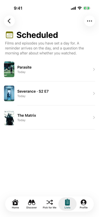 The Scheduled list with two films and an episode set for today