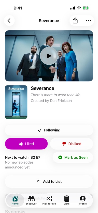 A show's page with Following, Liked and Disliked, and the episode you are up to with Mark as Seen beside it