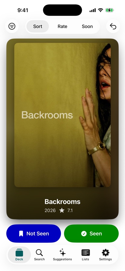 The Sort deck showing a film poster with Not Seen and Seen buttons beneath it