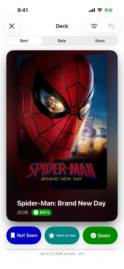 The Deck showing a film poster with Not Seen, Want to See and Seen buttons beneath it, and a progress line under those